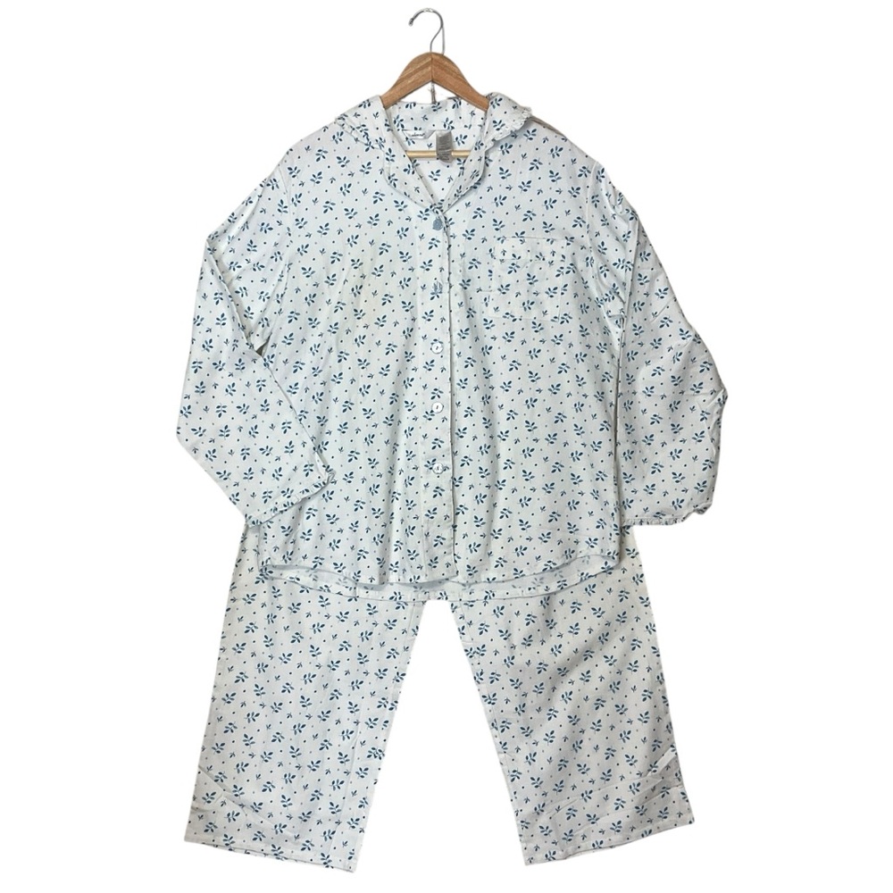ADONNA sz X Large Pajama Set Flannel Cotton Ruffle Trim Stretch Waist White Blue